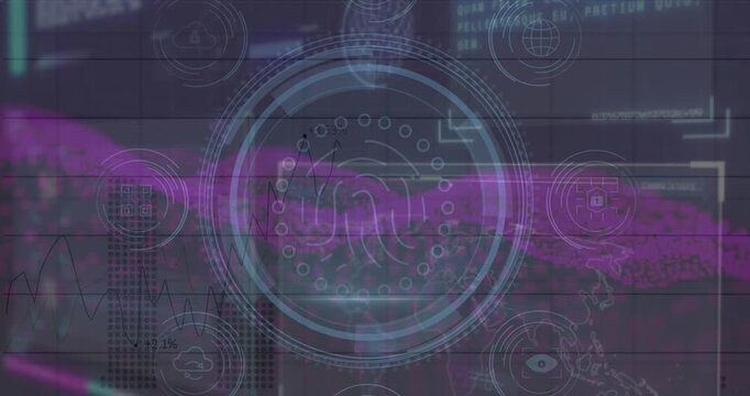 Animation of data protection, fingerprint and icons on navy background