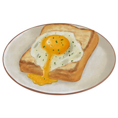 Watercolor illustration Of fried egg on toast