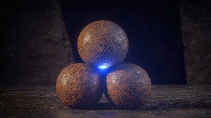 Abstract sculpture of interconnected metallic spheres with blue glowing light in a dark setting