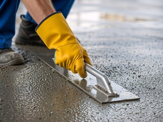 Close-up of a construction worker smoothing wet concrete with a trowel. Professional builder in a yellow glove leveling a new cement floor on a building site