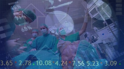 Animation of medical data processing over surgeons operating on patient in theatre - Powered by Adobe