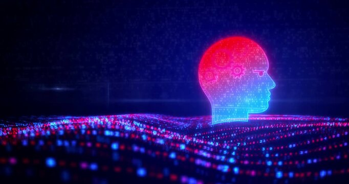 Artificial intelligence Ai head symbol on digital waves. Abstract icon over digital sea and flowing cyber waves background animation.