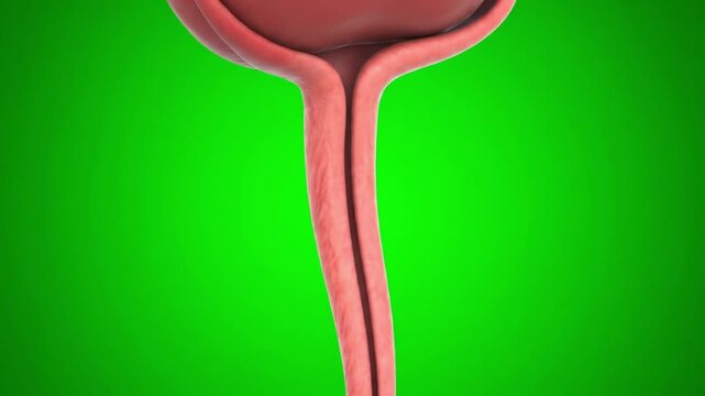 Close-up illustration of a human bladder and ureter against a green background