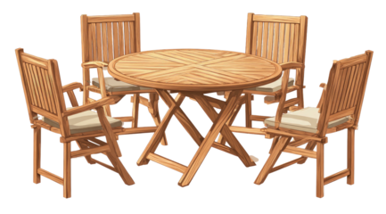 A detailed image of outdoor furniture set featuring a round table and four folding chairs