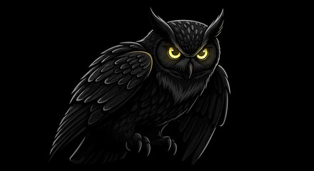 Black Owl with Yellow Eyes Isolated.
