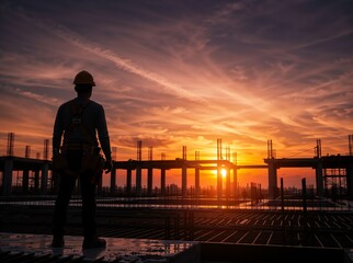 Fototapeta premium Silhouette of a construction worker on a building site at sunset. Engineer in a hard hat overseeing an industrial development project. Real estate and infrastructure growth concept