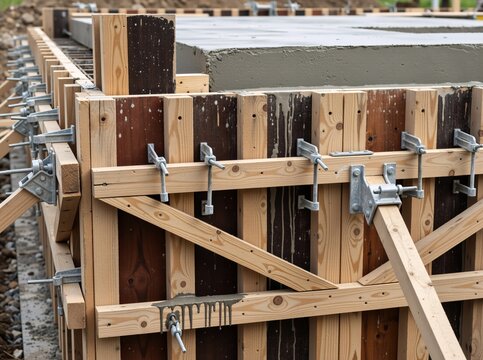 Wooden formwork for a concrete foundation on a construction site. Detail of wet cement poured into a timber mold with steel clamps for building a house.