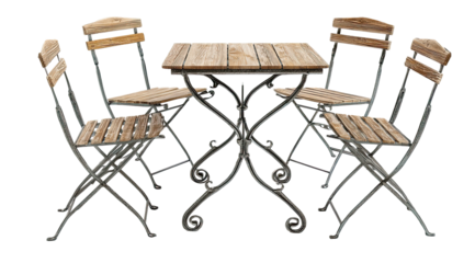 Set of outdoor dining furniture. A wooden table with four matching folding chairs, isolated