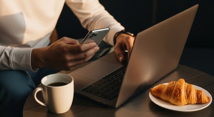 Person working on laptop with phone coffee and croissant on table
