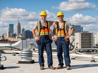 Two professional HVAC technicians standing on a rooftop with city skyline. Smiling construction workers in safety gear and hard hats. Maintenance and repair service team concept
