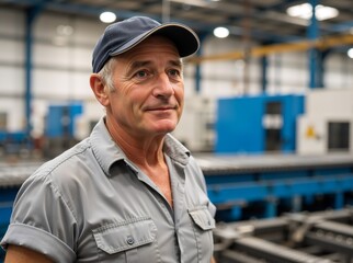 Portrait of an experienced male factory worker in a blue cap. Senior man working in a manufacturing plant. Skilled industrial technician in a warehouse environment