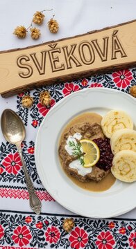 Traditional Czech Sv&iacute;čkov&aacute; na Smetaně (Beef Sirloin in Cream Sauce) with Carved Linden Sign and Moravian Folk Embroidery