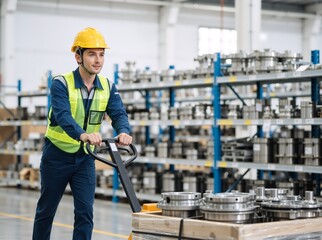 Male warehouse worker pushing a manual pallet jack with industrial metal parts. Man in yellow hard hat and safety vest working in a factory. Logistics and supply chain management concept