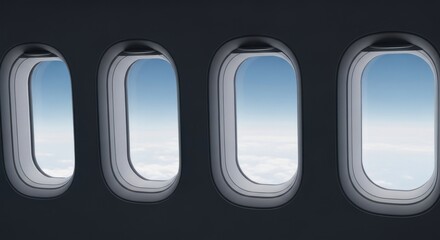 Airplane windows showing blue sky and clouds outside