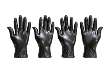 Four black gloves with glossy finish, side by side against a black background