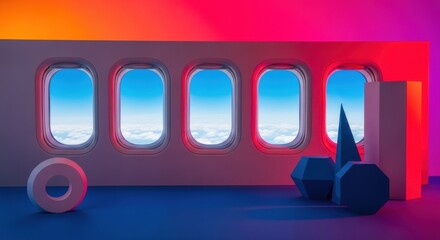 Vibrant airplane interior with futuristic geometric shapes and stunning sky view