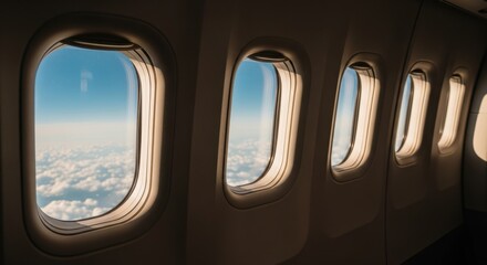 Airplane windows showing fluffy white clouds and blue sky