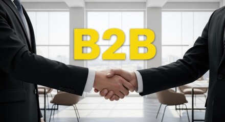 Businessmen shaking hands in modern office with B2B concept