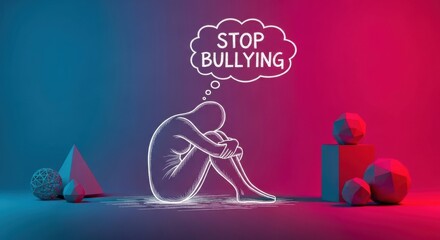 Person sitting alone with stop bullying message in thought bubble