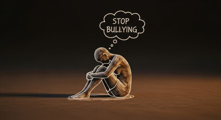 Sad child sitting alone with stop bullying message
