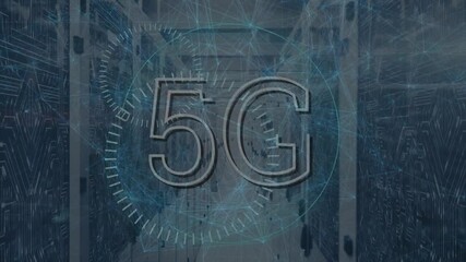 Animation of 5g text over server room - Powered by Adobe