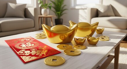 Golden Chinese New Year decorations on modern living room coffee table