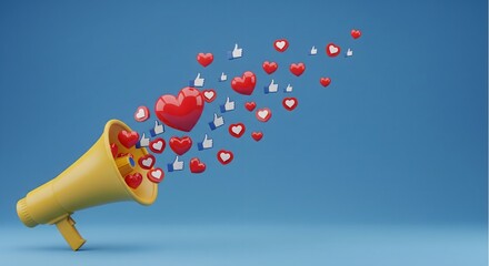 3D yellow megaphone blasting red hearts and thumbs up icons. Social media marketing, follower engagement and digital advertising concept on blue background.