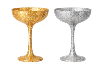 Glitter cocktail glasses set in gold and silver colors isolated on transparent background, generative ai