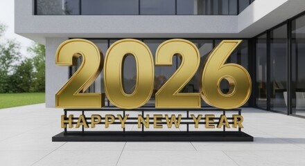 Golden 2026 Happy New Year sign in front of modern building