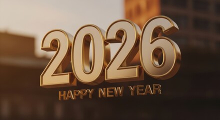 Golden 2026 Happy New Year celebration with modern cityscape background