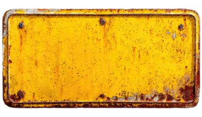 Weathered, rectangular yellow metal plaque with rust, screw heads, and worn paint