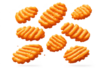 Waffle cut fries on transparent background, orange snack illustration.