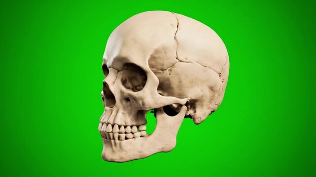Close-up of a human skull with cracks on a green screen background
