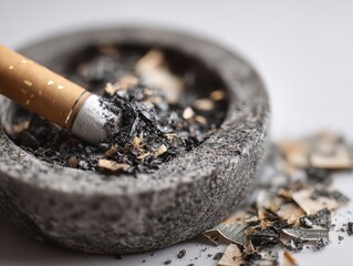Cigarette resting in a textured ashtray filled with ash and remnants, symbolizing the concept of burning wealth and the consequences of indulgence in smoking habits