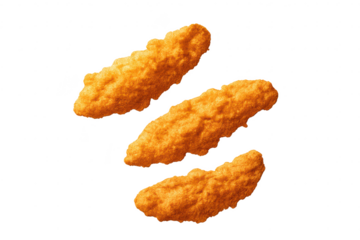 Three chicken tenders on transparent background for design projects.