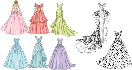 Elegant evening gown collection featuring luxury ball gowns prom dresses and bridal party wear in colorful pastel and patterned styles