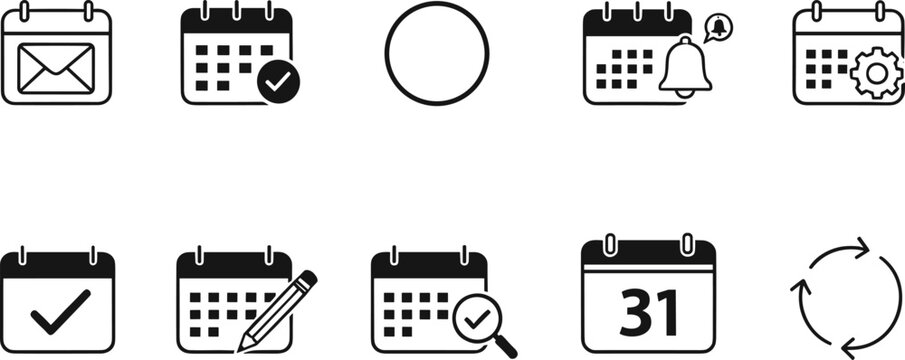 Calendar icon set with schedule organizer reminder notification check mark and appointment planning symbols for business management and productivity