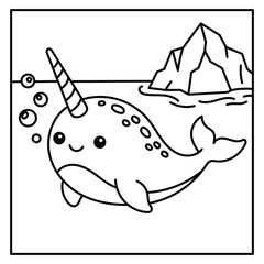 Cute Narwhal Coloring Page for Kids – Smiling Unicorn Whale Ocean Line Art © ZANNATUL