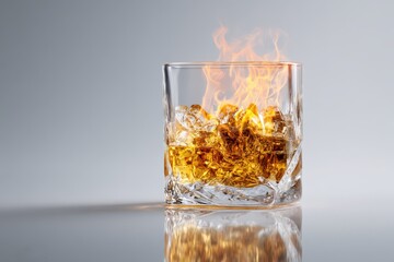 Elegant crystal tumbler filled with amber liquid and ice, showcasing a minimalist design with reflections and flames, creating a captivating visual experience