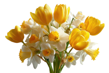 A vibrant bouquet of yellow tulips and white daffodils against a dark background