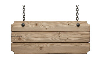 Rustic wooden sign with three horizontal planks suspended by metal chains against a dark background