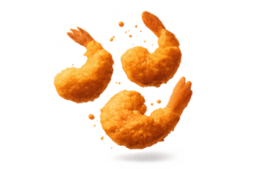Three golden tempura shrimps on a transparent background, mouthwatering!