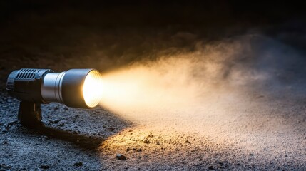 A bright spotlight illuminates particles in the dark ground with a powerful beam creating a warm glowing effect