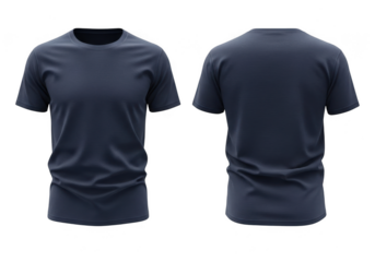 Front and back view of a plain dark blue short sleeved t shirt on a black background