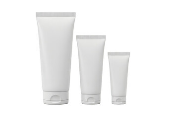 Three blank white cosmetic squeeze tubes of varying sizes arranged on a dark background