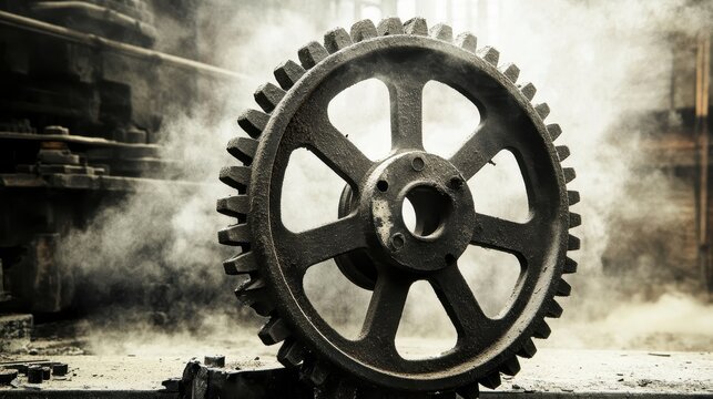 A close up of a detached industrial cogwheel with a weathered metal texture in a factory setting with steam in the background