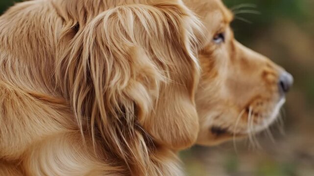 Majestic profile of an english cocker spaniel with long golden fur captured mid shake, ears and hair flowing in slow motion close up against a soft green outdoor background