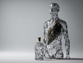 Transparent human silhouette made of shattered glass, revealing a heart-shaped stone inside, alongside a glass bottle, symbolizing fragility and health concepts
