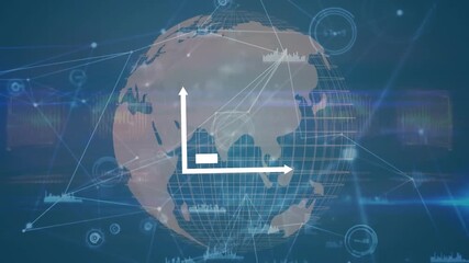 Animation of bar graph over network of connections and spinning globe against blue background - Powered by Adobe