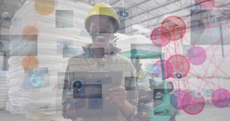 Animation of network of connections over african american female worker in warehouse - Powered by Adobe
